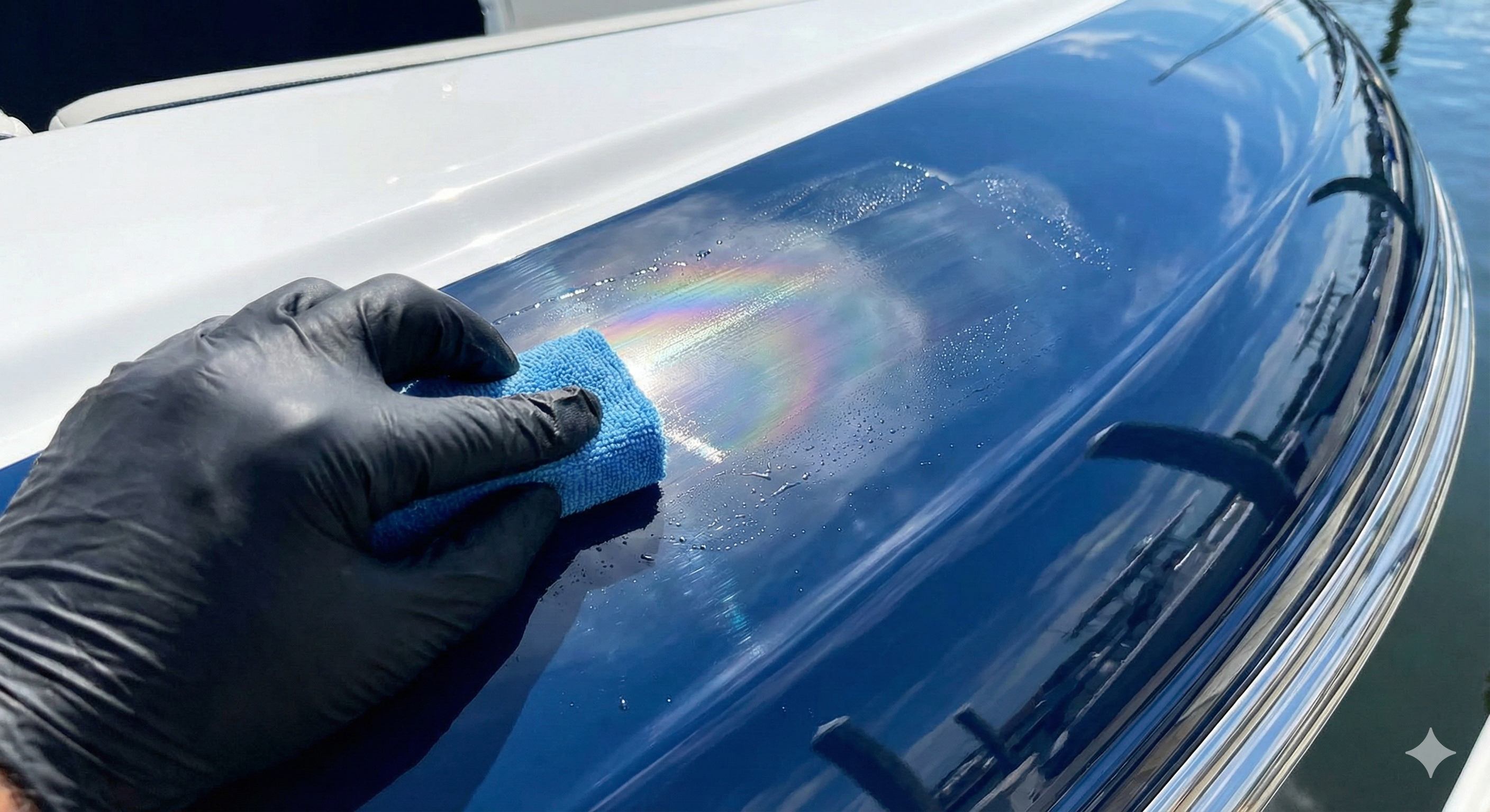 Applying ceramic coating to blue boat hull with rainbow prismatic shine