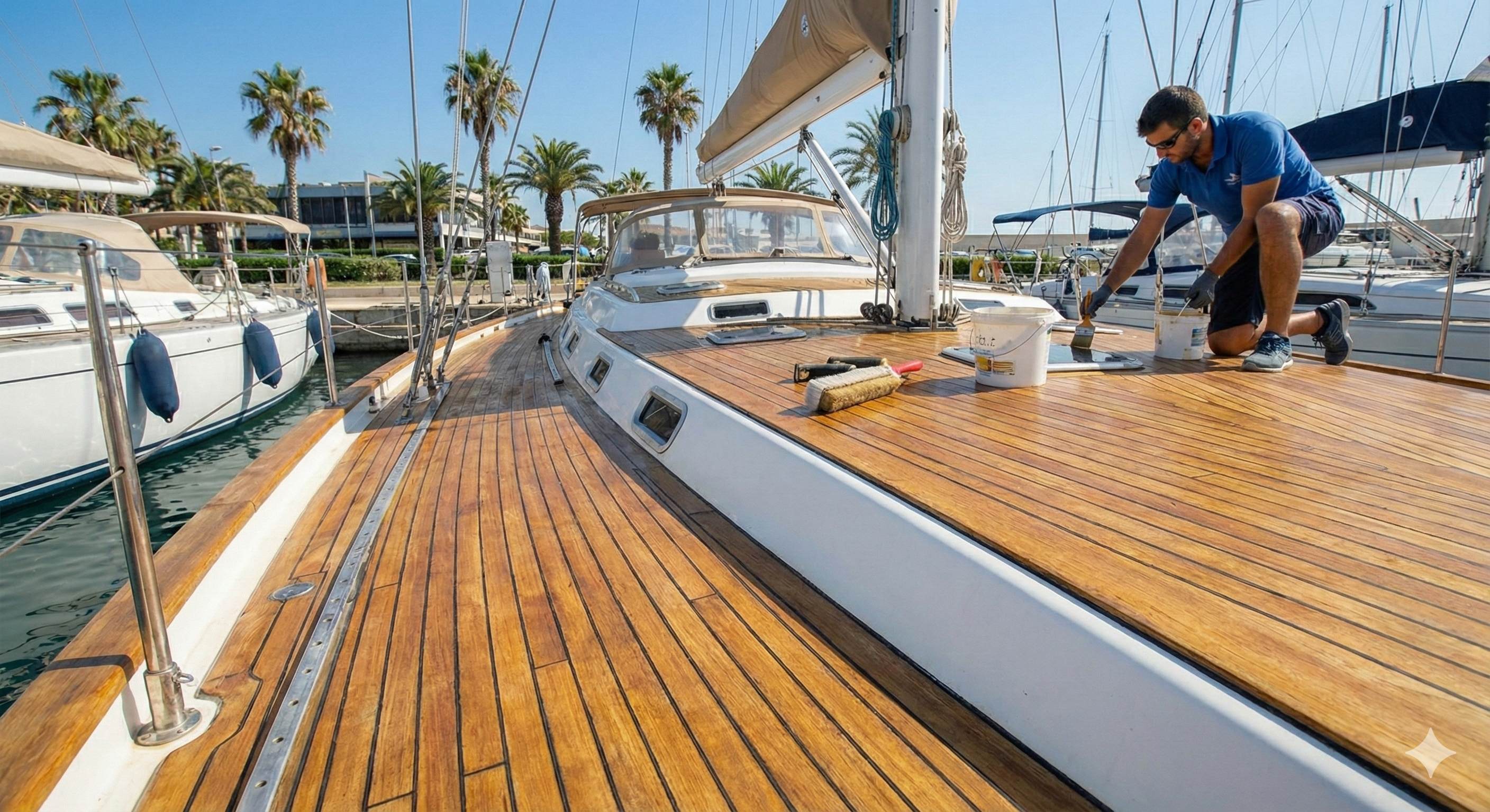 Professional teak deck restoration on sailboat at marina