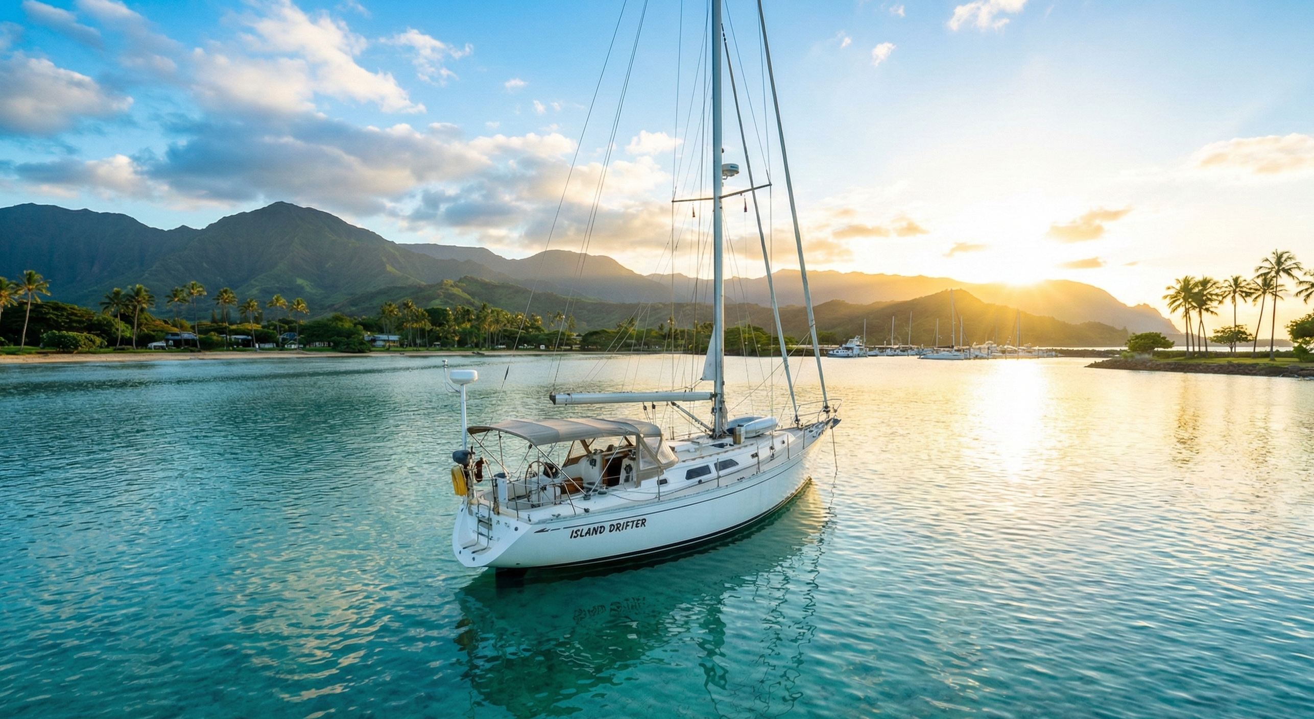 Sailboat anchored in calm Hawaiian waters at sunset with mountains and palm trees